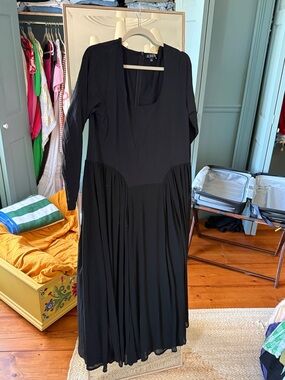 J. Crew Black Long Sleeve Pleated Midi Dress with Square Neck